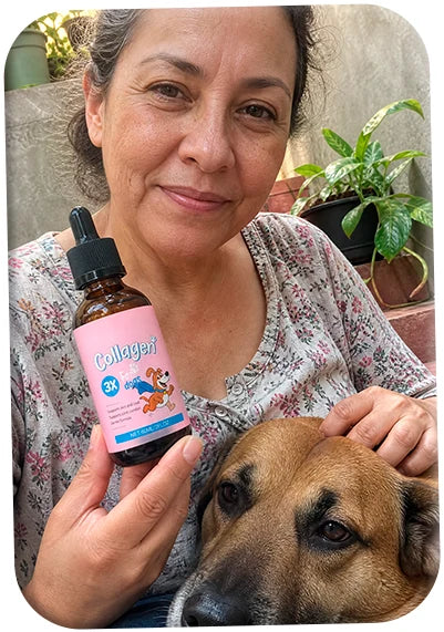 Clienta con su perro y el frasco